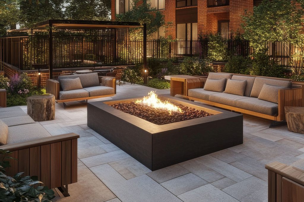 Cozy outdoor fire pit in a modern outdoor courtyard setting